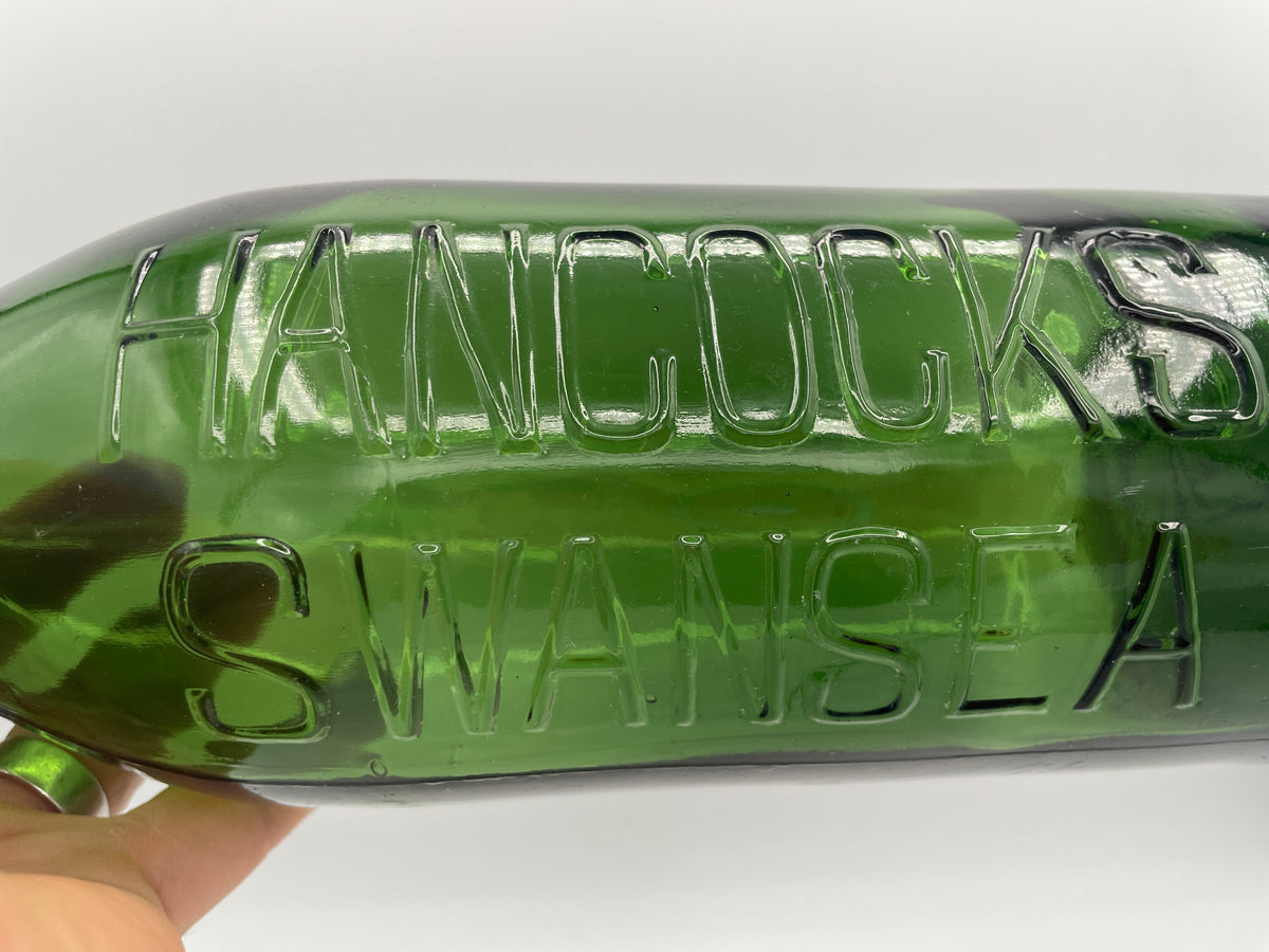 Vintage Embossed Glass Bottle - Hancock's Swansea 30cm Green Glass