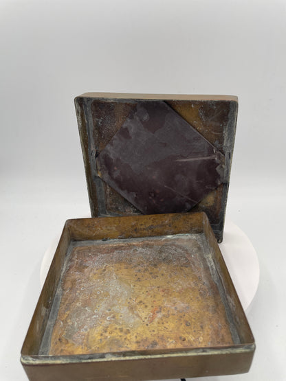 Vintage Scholar's Style Copper Box - Inset Slate Calligraphy Panel Lid 15cm