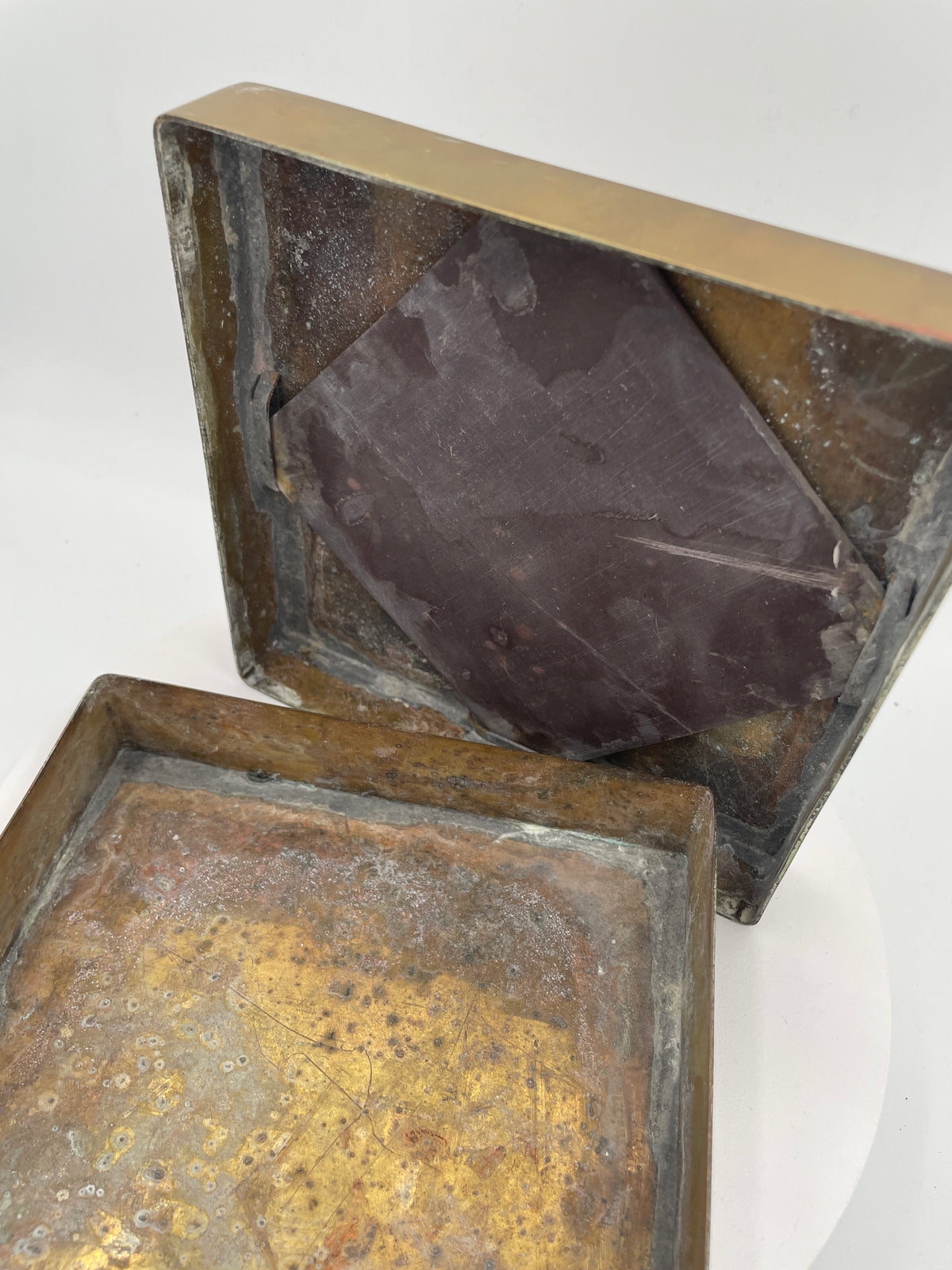 Vintage Scholar's Style Copper Box - Inset Slate Calligraphy Panel Lid 15cm