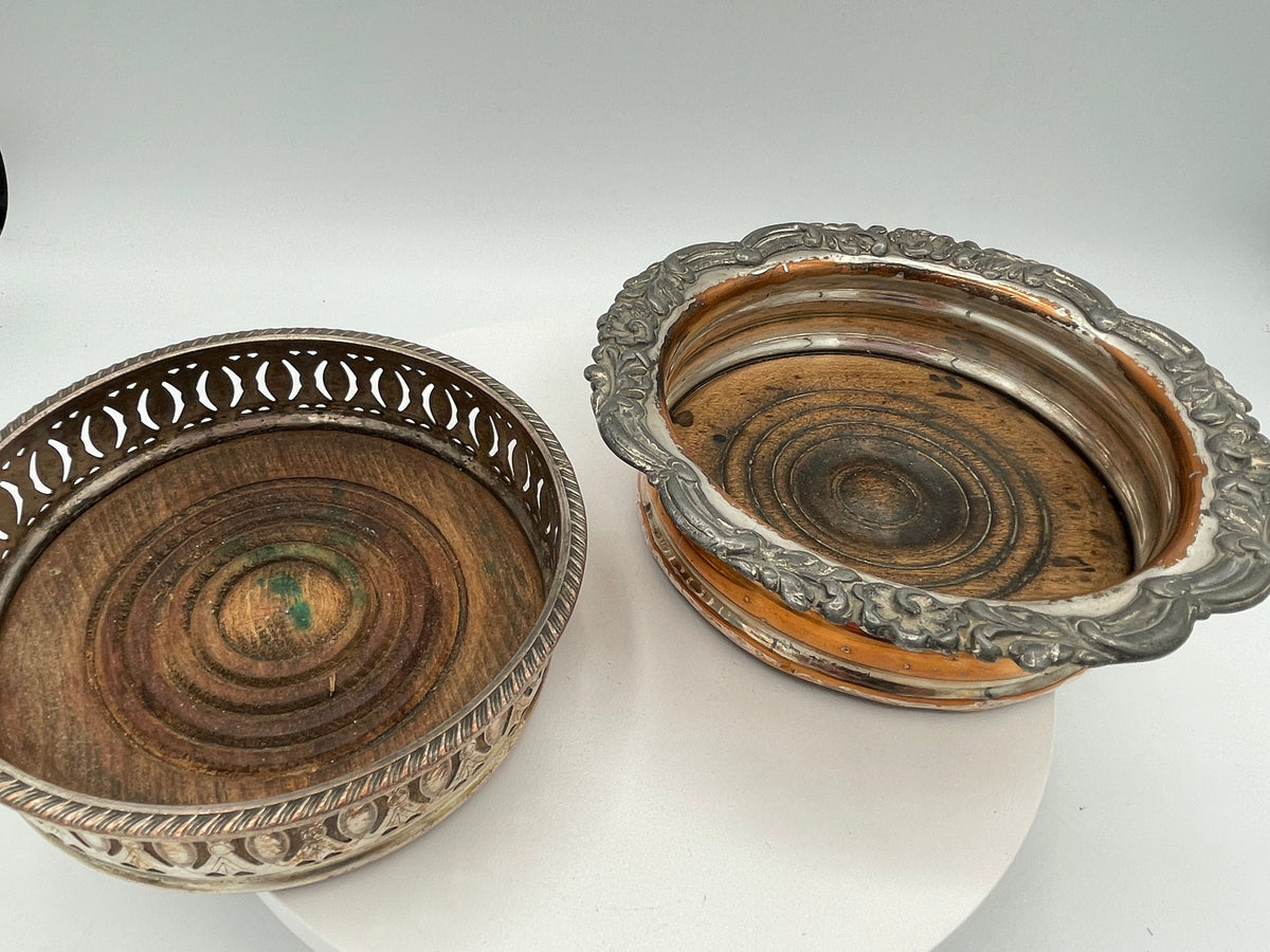 Pair of Vintage Silver-Plated & Oak Wine Coasters - Pierced & Cast Rim Design