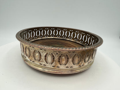 Pair of Vintage Silver-Plated & Oak Wine Coasters - Pierced & Cast Rim Design