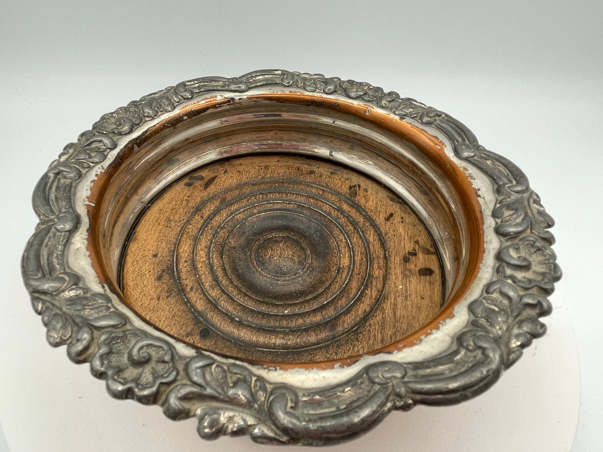 Pair of Vintage Silver-Plated & Oak Wine Coasters - Pierced & Cast Rim Design
