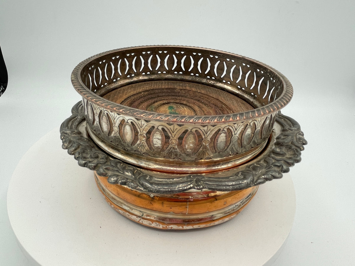 Pair of Vintage Silver-Plated & Oak Wine Coasters - Pierced & Cast Rim Design
