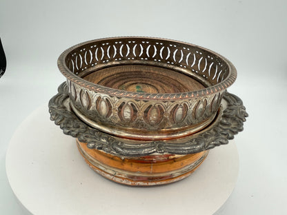 Pair of Vintage Silver-Plated & Oak Wine Coasters - Pierced & Cast Rim Design