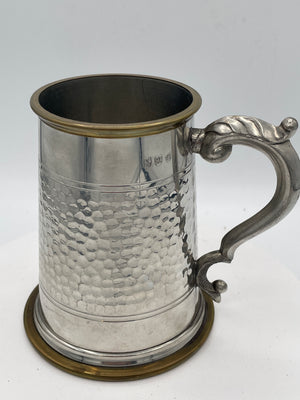Vintage Hammered Sheffield Pewter & Brass Tankard with Glass Bottom – 13cm