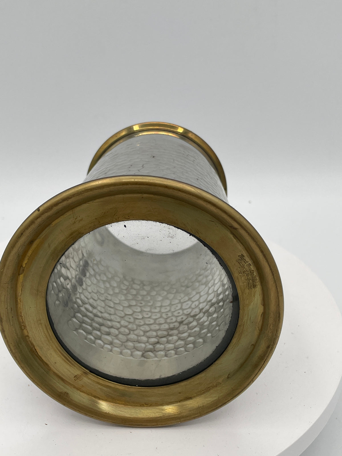 Vintage Hammered Sheffield Pewter & Brass Tankard with Glass Bottom – 13cm