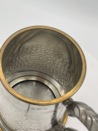 Vintage Hammered Sheffield Pewter & Brass Tankard with Glass Bottom – 13cm