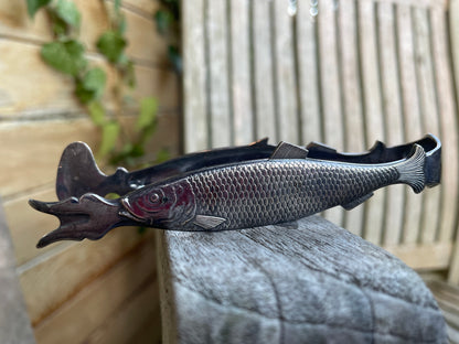 Pair of antique sardine tongs or servers in the shape of a sardine fish 11cm long