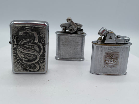 Vintage Trio of Collectible Pocket Lighters: Star Dragon, Mosda Coronation, and Colibri – 20th Century
