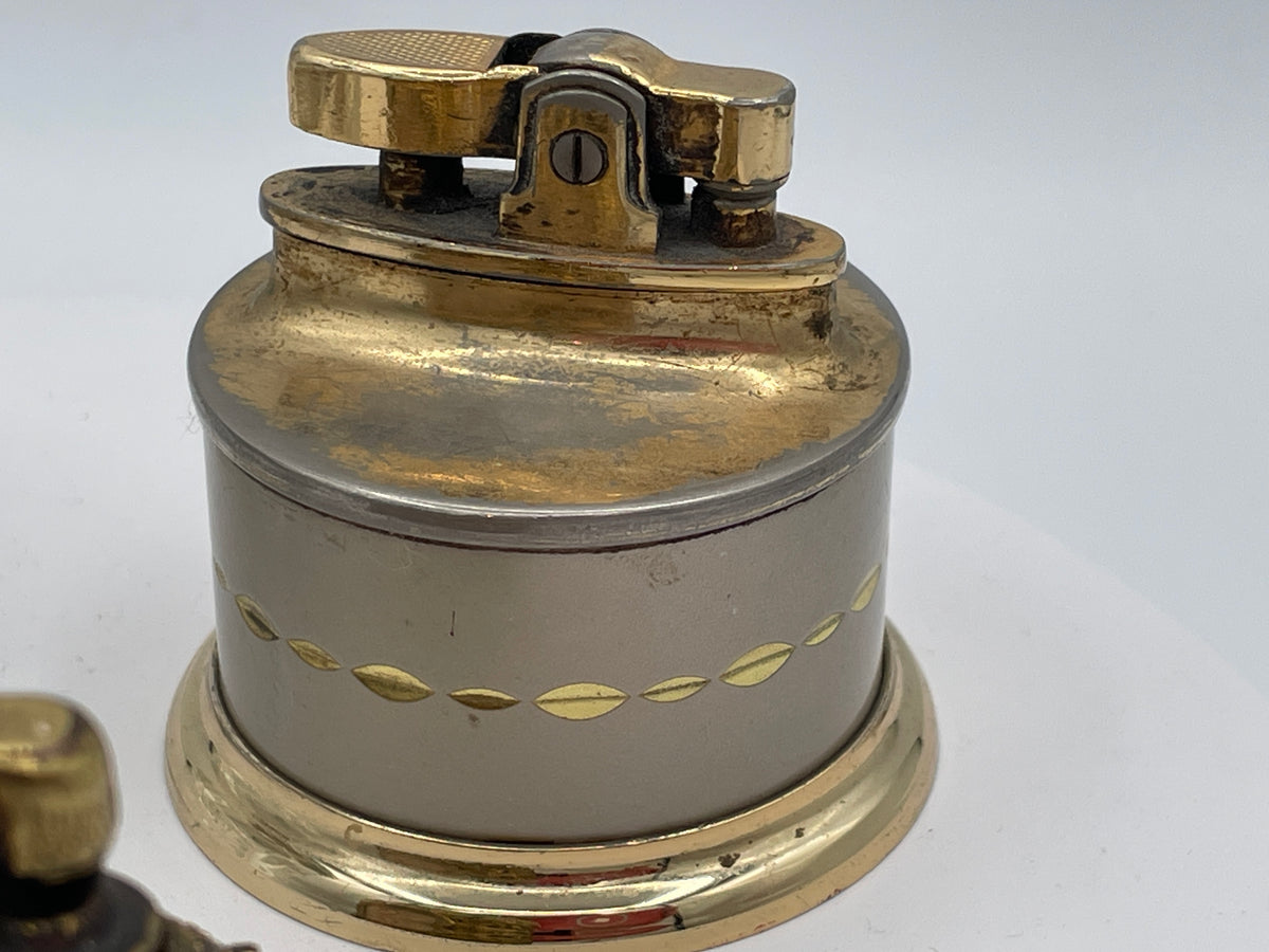 Vintage Trio of Table Lighters: Rolstar Brass, Crystal Cut Glass, and Ornate Petit Point Tapestry – Mid-20th Century