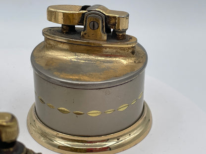 Vintage Trio of Table Lighters: Rolstar Brass, Crystal Cut Glass, and Ornate Petit Point Tapestry – Mid-20th Century