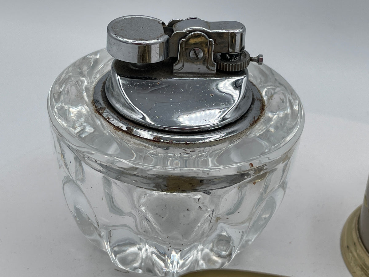 Vintage Trio of Table Lighters: Rolstar Brass, Crystal Cut Glass, and Ornate Petit Point Tapestry – Mid-20th Century
