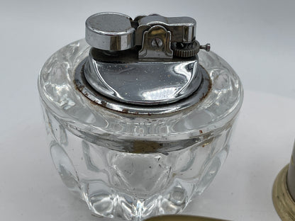 Vintage Trio of Table Lighters: Rolstar Brass, Crystal Cut Glass, and Ornate Petit Point Tapestry – Mid-20th Century
