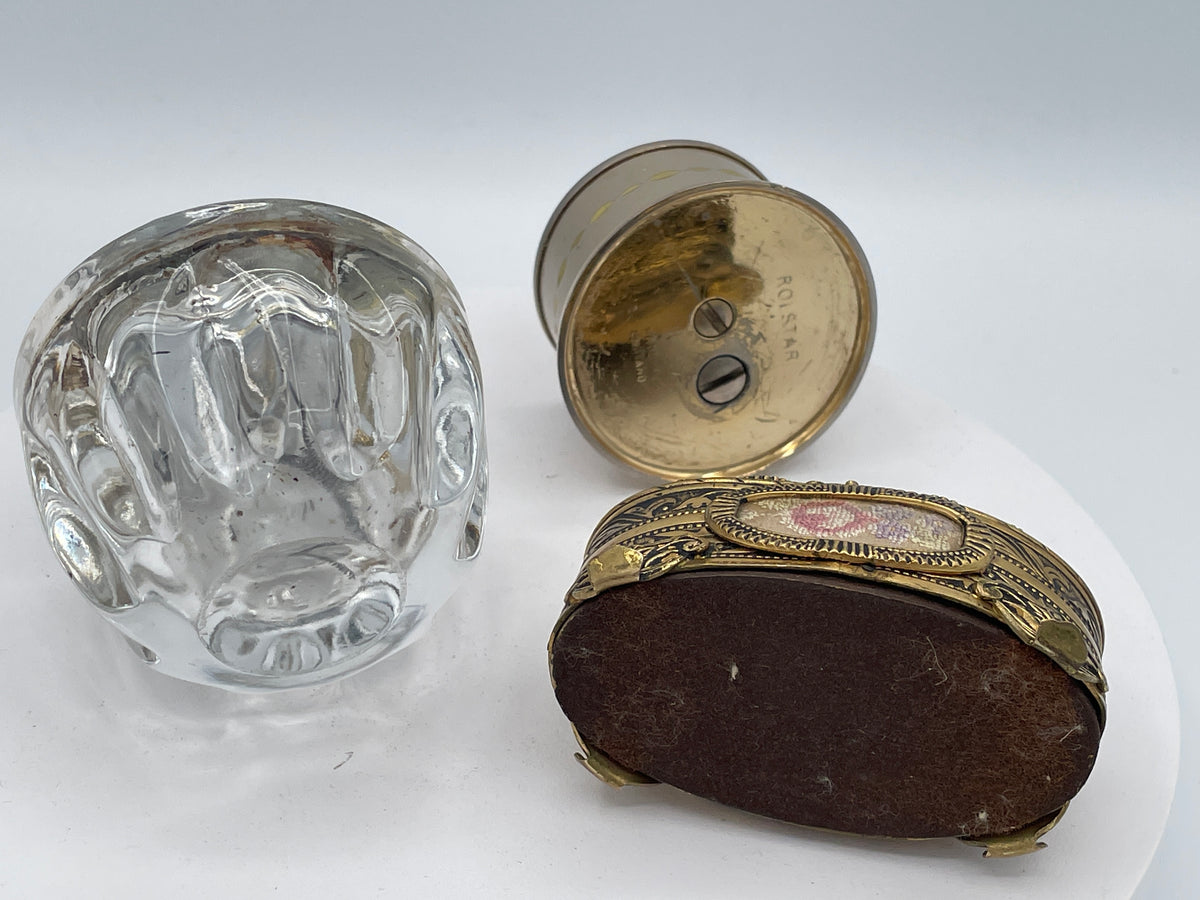 Vintage Trio of Table Lighters: Rolstar Brass, Crystal Cut Glass, and Ornate Petit Point Tapestry – Mid-20th Century