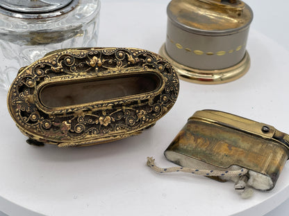 Vintage Trio of Table Lighters: Rolstar Brass, Crystal Cut Glass, and Ornate Petit Point Tapestry – Mid-20th Century