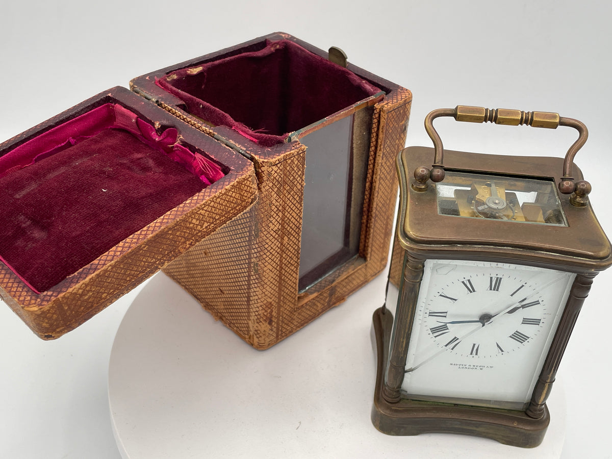 Antique Mappin & Webb Brass Carriage Clock with Original Travel Case and French Movement – Late 19th / Early 20th Century