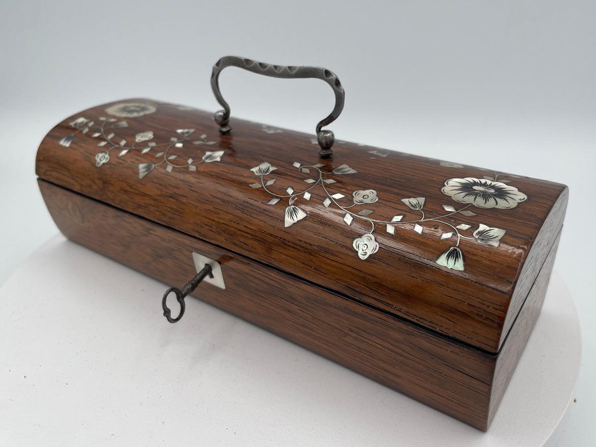 Antique Victorian Rosewood and Mother-of-Pearl Inlaid Domed Glove Box with Original Marbled Lining – Circa 1850–1880