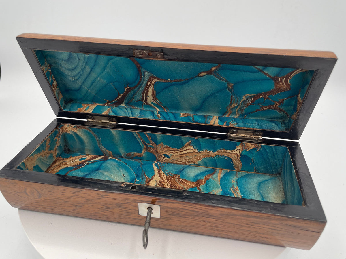 Antique Victorian Rosewood and Mother-of-Pearl Inlaid Domed Glove Box with Original Marbled Lining – Circa 1850–1880