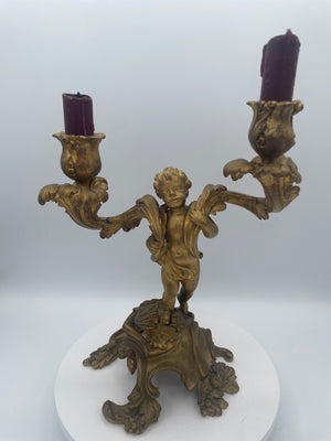 Vintage French Rococo Style Cherub Candelabra – 26cm Twin-Light Gilt Metal Table Centerpiece