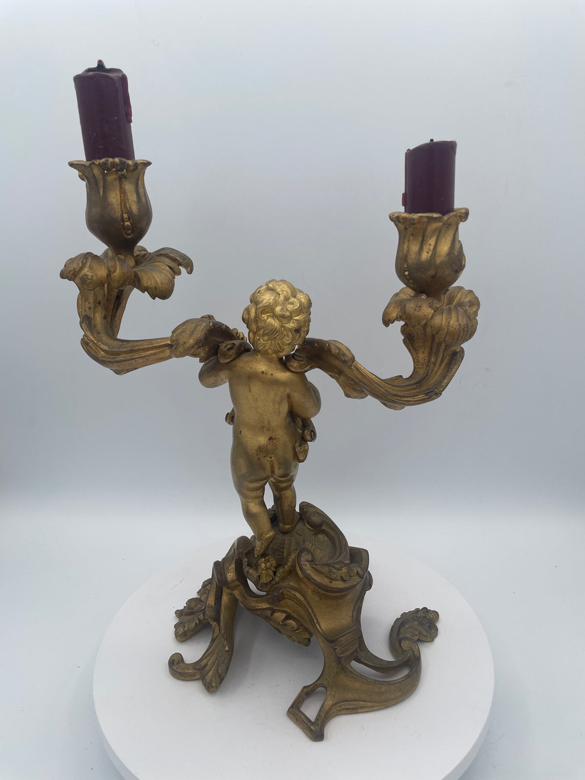 Vintage French Rococo Style Cherub Candelabra – 26cm Twin-Light Gilt Metal Table Centerpiece
