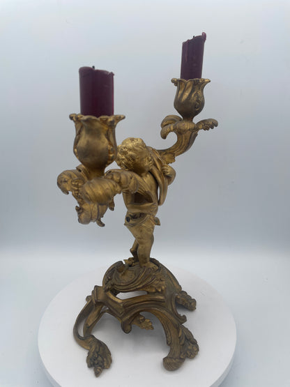 Vintage French Rococo Style Cherub Candelabra – 26cm Twin-Light Gilt Metal Table Centerpiece