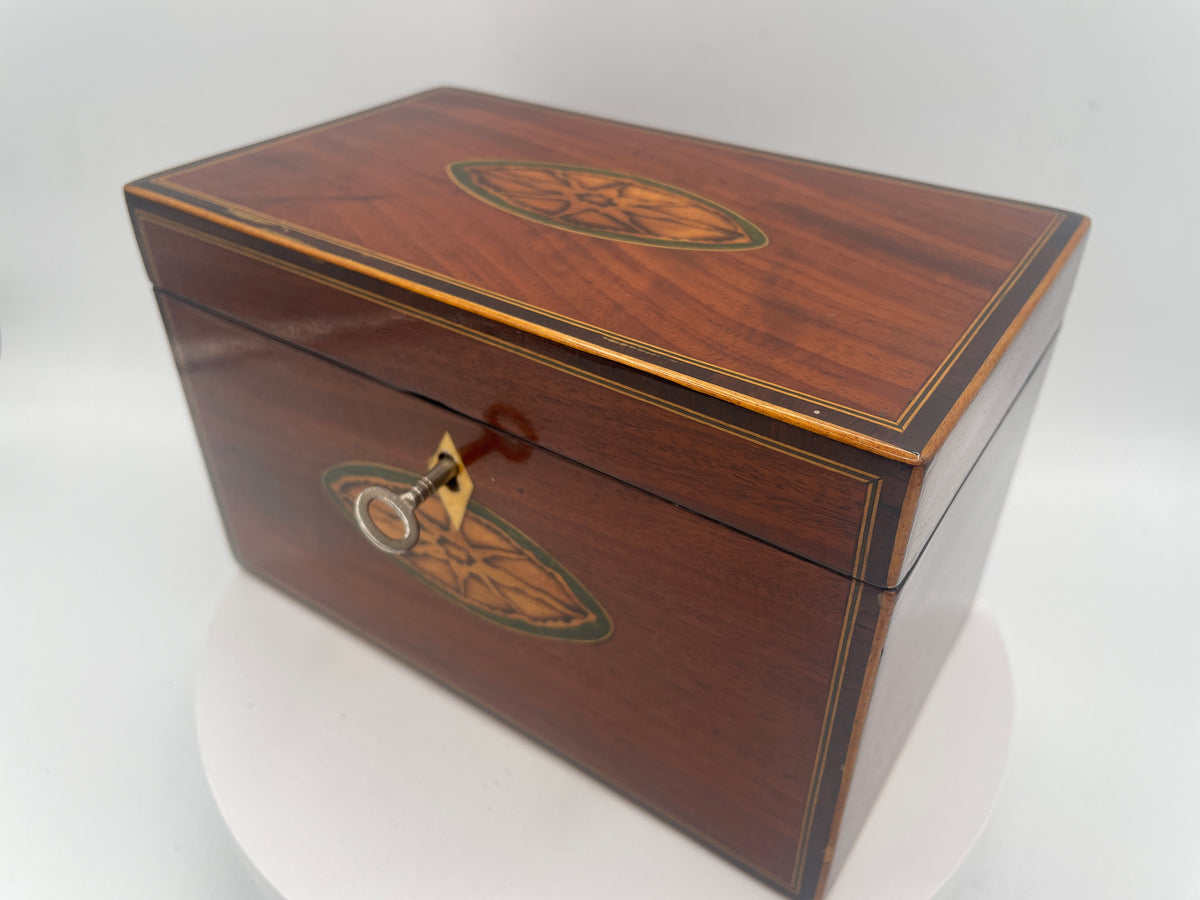 George III Inlaid Mahogany Rectangular Tea Caddy – Inlaid Patera Motifs & Twin Compartments c1790