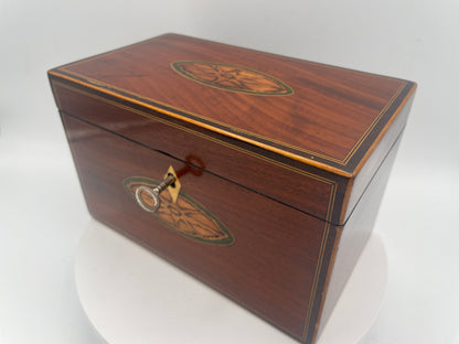 George III Inlaid Mahogany Rectangular Tea Caddy – Inlaid Patera Motifs & Twin Compartments c1790