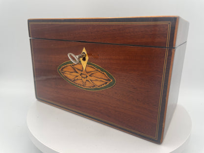 George III Inlaid Mahogany Rectangular Tea Caddy – Inlaid Patera Motifs & Twin Compartments c1790