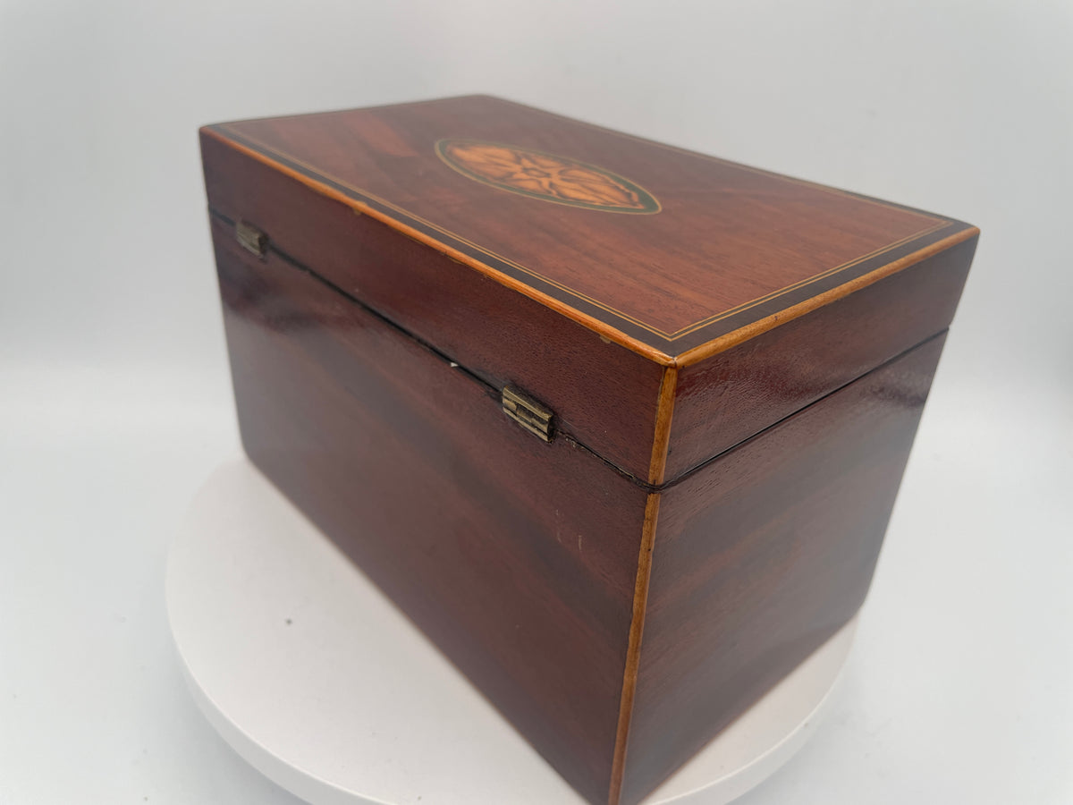 George III Inlaid Mahogany Rectangular Tea Caddy – Inlaid Patera Motifs & Twin Compartments c1790