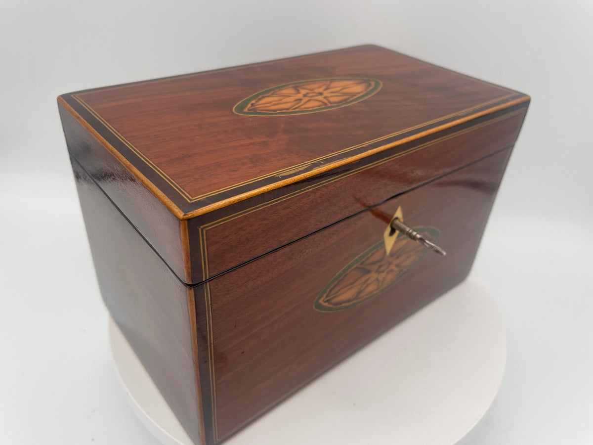 George III Inlaid Mahogany Rectangular Tea Caddy – Inlaid Patera Motifs & Twin Compartments c1790