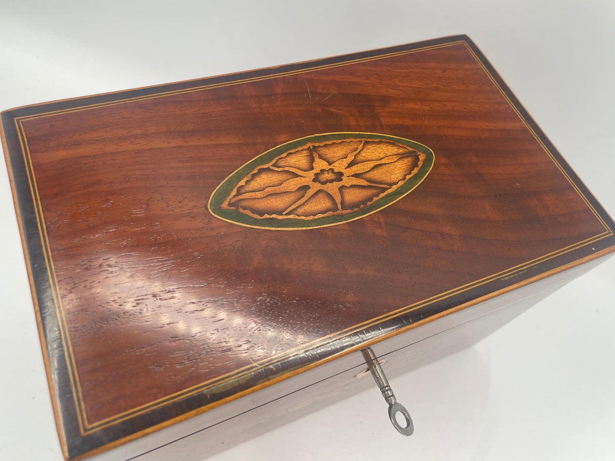 George III Inlaid Mahogany Rectangular Tea Caddy – Inlaid Patera Motifs & Twin Compartments c1790