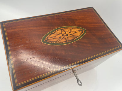 George III Inlaid Mahogany Rectangular Tea Caddy – Inlaid Patera Motifs & Twin Compartments c1790