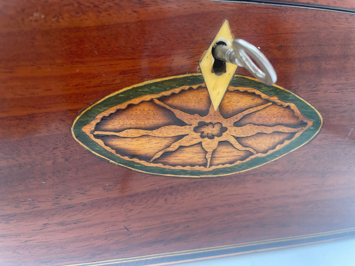 George III Inlaid Mahogany Rectangular Tea Caddy – Inlaid Patera Motifs & Twin Compartments c1790
