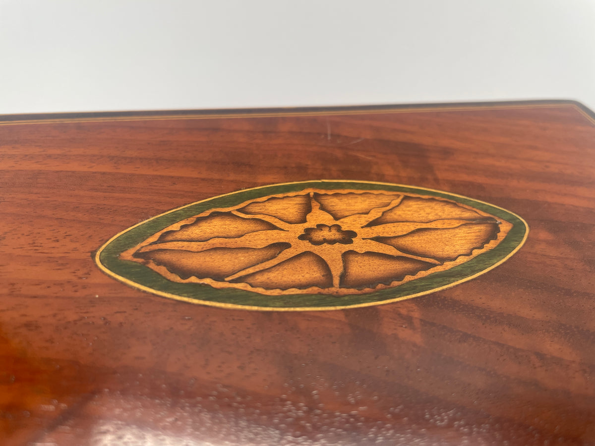George III Inlaid Mahogany Rectangular Tea Caddy – Inlaid Patera Motifs & Twin Compartments c1790