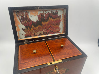 George III Inlaid Mahogany Rectangular Tea Caddy – Inlaid Patera Motifs & Twin Compartments c1790