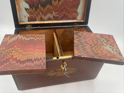 George III Inlaid Mahogany Rectangular Tea Caddy – Inlaid Patera Motifs & Twin Compartments c1790