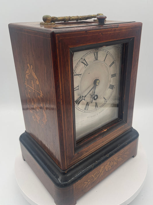 Antique French Marquetry Inlaid Rosewood Mantel Timepiece – 21cm Henry Marc A Paris