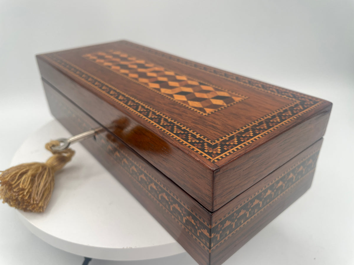 Antique Victorian Tunbridge Ware Mosaic Inlaid Box / Glove Box – 23.5cm Cube Mosaic & Cubes c1870