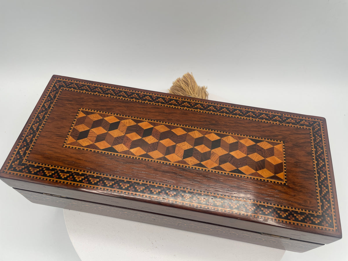 Antique Victorian Tunbridge Ware Mosaic Inlaid Box / Glove Box – 23.5cm Cube Mosaic & Cubes c1870
