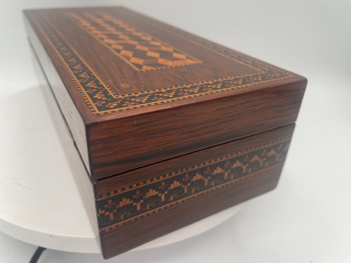 Antique Victorian Tunbridge Ware Mosaic Inlaid Box / Glove Box – 23.5cm Cube Mosaic & Cubes c1870