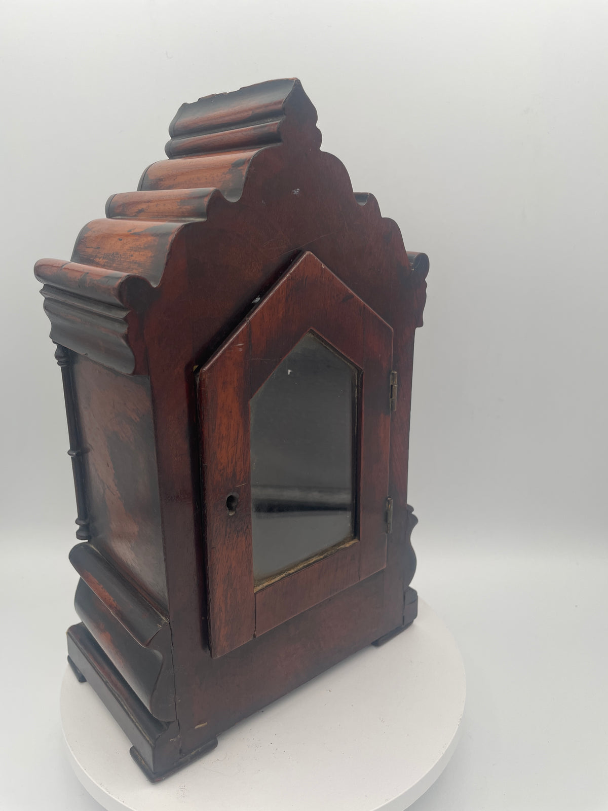 Early Victorian Carved Mahogany Architectural Mantel Clock Case – 29cm Tall with Converted Pocket Watch Movement