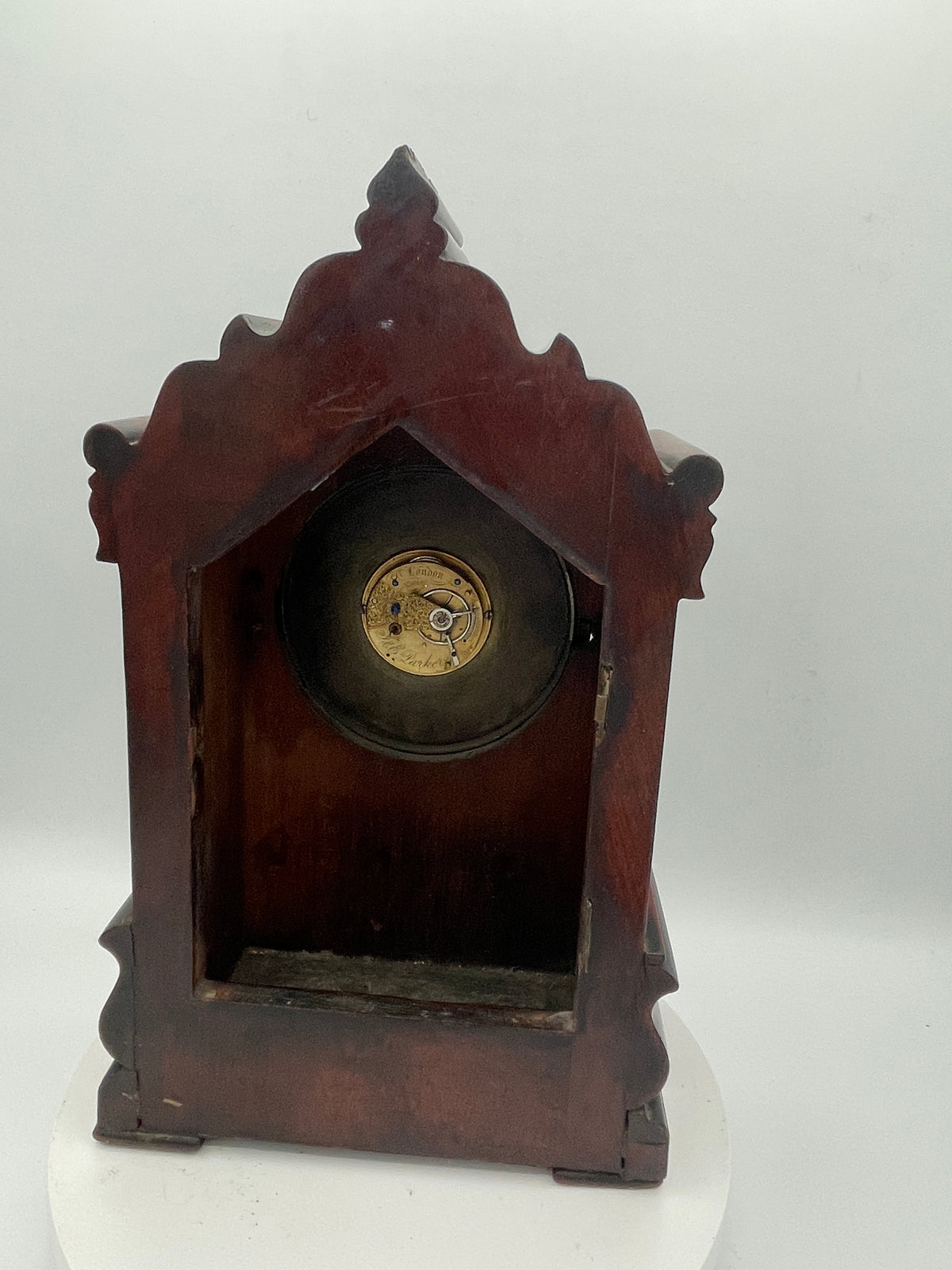 Early Victorian Carved Mahogany Architectural Mantel Clock Case – 29cm Tall with Converted Pocket Watch Movement