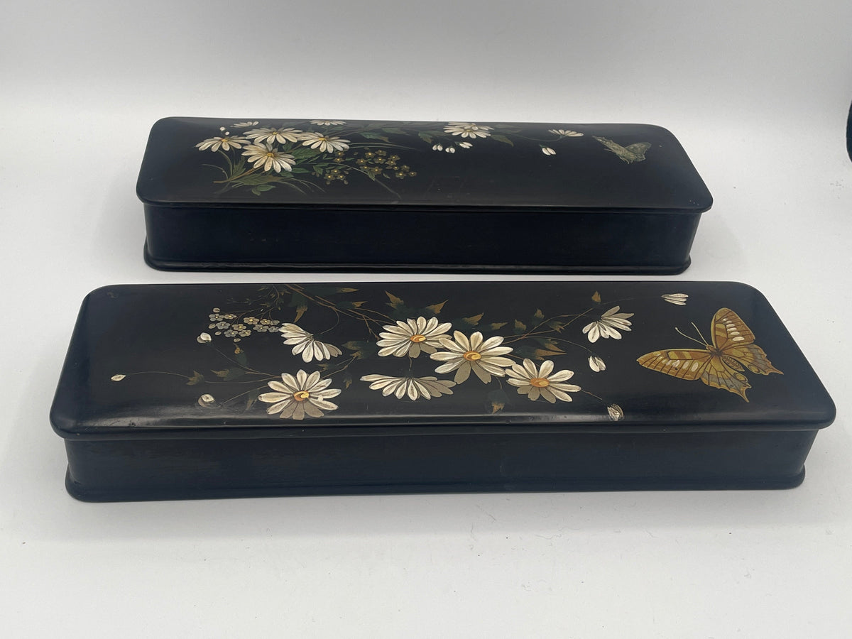 Pair of Antique English Papier-Mâché Glove Boxes – 30cm Hand-Painted Daisy & Butterfly Motifs