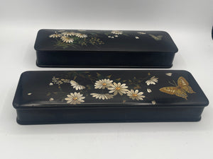 Pair of Antique English Papier-Mâché Glove Boxes – 30cm Hand-Painted Daisy & Butterfly Motifs