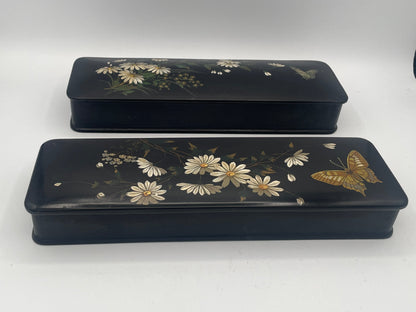 Pair of Antique English Papier-Mâché Glove Boxes – 30cm Hand-Painted Daisy & Butterfly Motifs