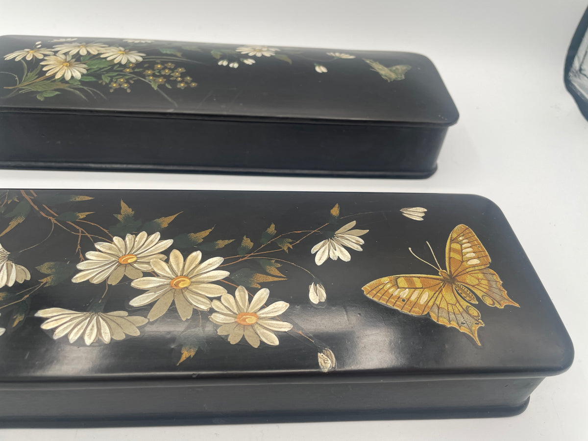 Pair of Antique English Papier-Mâché Glove Boxes – 30cm Hand-Painted Daisy & Butterfly Motifs