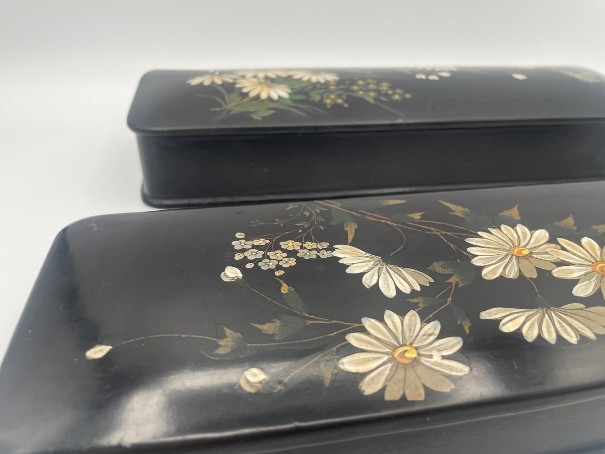 Pair of Antique English Papier-Mâché Glove Boxes – 30cm Hand-Painted Daisy & Butterfly Motifs