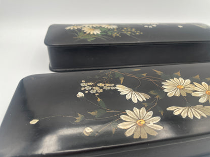 Pair of Antique English Papier-Mâché Glove Boxes – 30cm Hand-Painted Daisy & Butterfly Motifs