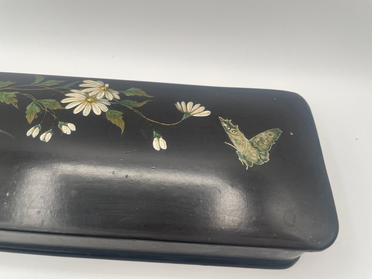 Pair of Antique English Papier-Mâché Glove Boxes – 30cm Hand-Painted Daisy & Butterfly Motifs