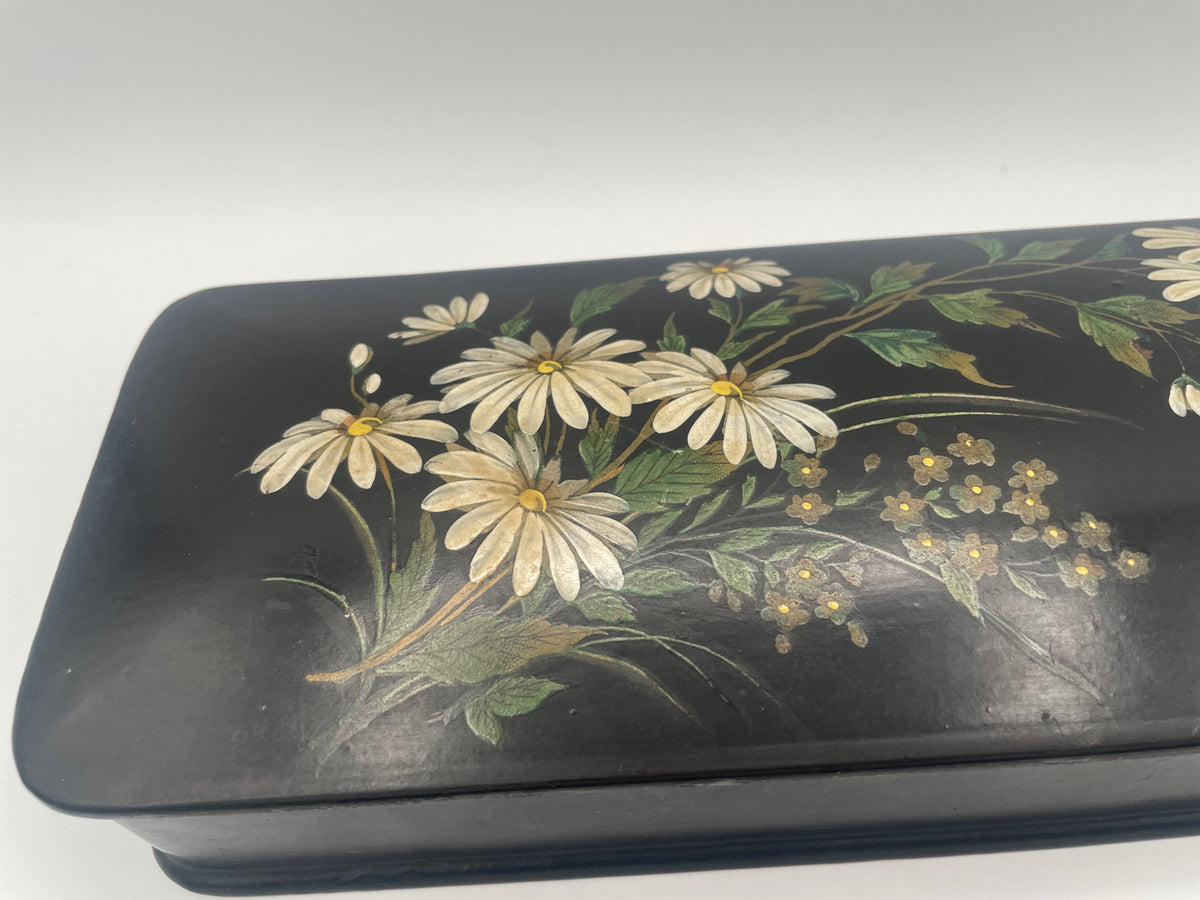 Pair of Antique English Papier-Mâché Glove Boxes – 30cm Hand-Painted Daisy & Butterfly Motifs